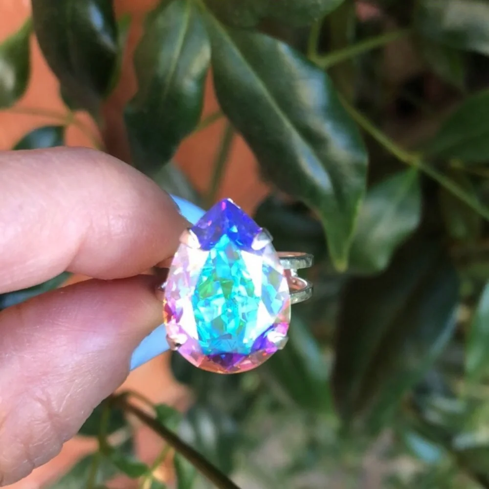 Gorgeous Aurora Borealis Pear Crystal Statement Ring